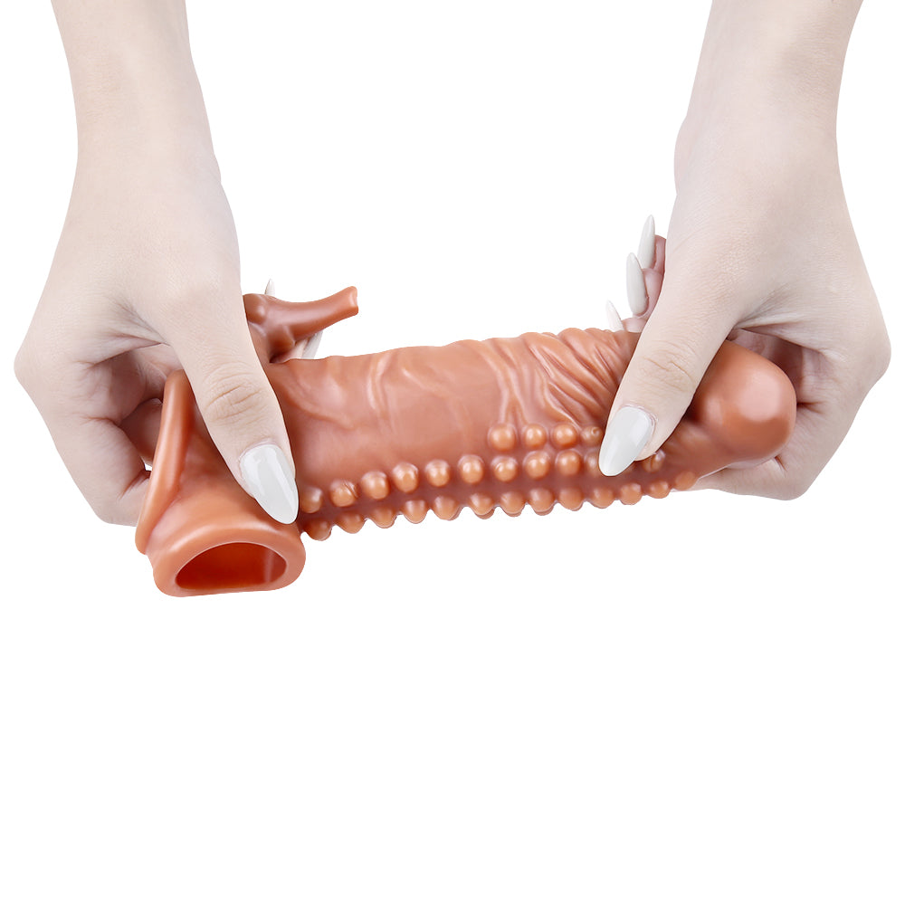 6.7 Inch Ultra Ribbed Penis Sleeve with Clit Stimulator, Bullet, Condom Sleeve, Extender Sleeve
