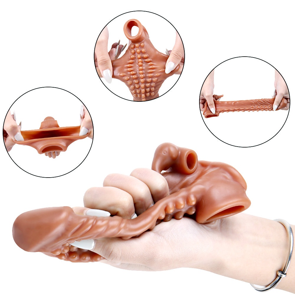 6.7 Inch Ultra Ribbed Penis Sleeve with Clit Stimulator, Bullet, Condom Sleeve, Extender Sleeve
