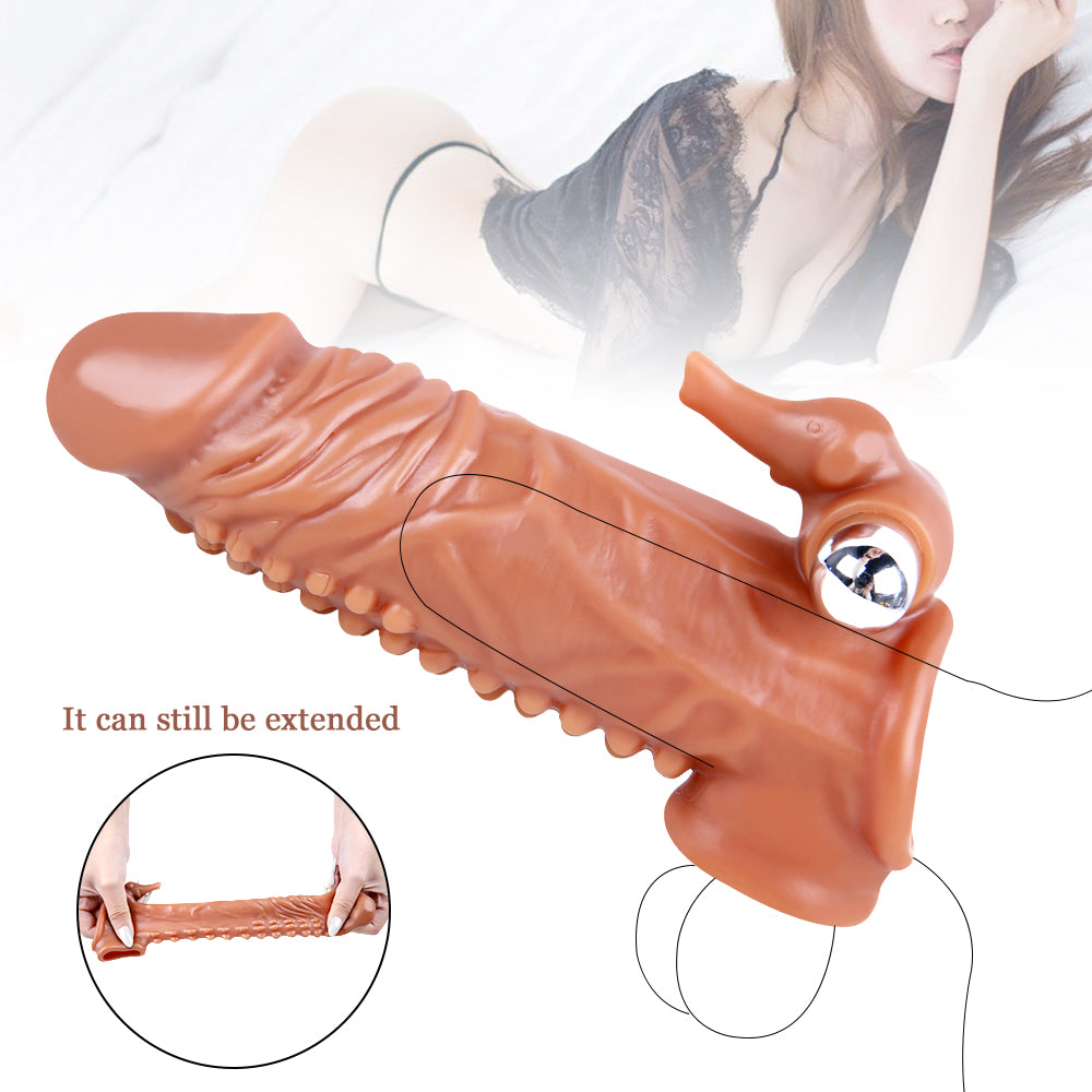 6.7 Inch Ultra Ribbed Penis Sleeve with Clit Stimulator, Bullet, Condom Sleeve, Extender Sleeve