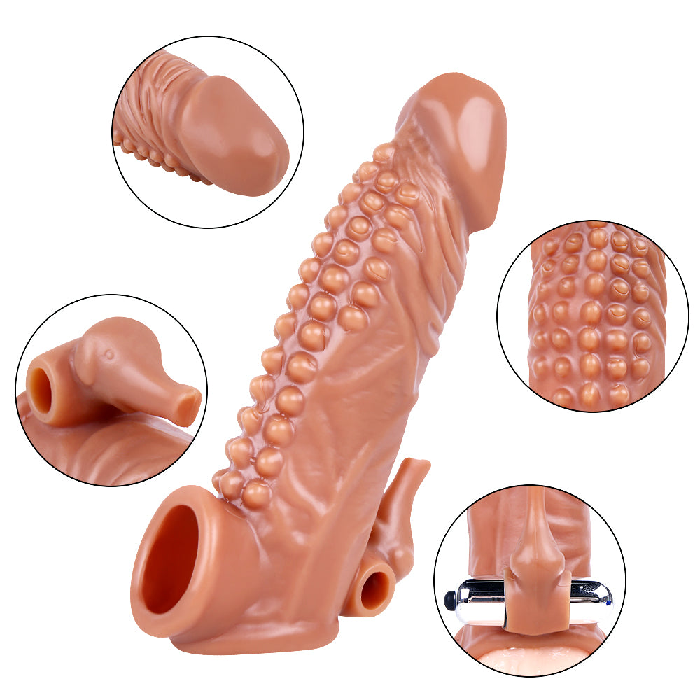 6.7 Inch Ultra Ribbed Penis Sleeve with Clit Stimulator, Bullet, Condom Sleeve, Extender Sleeve