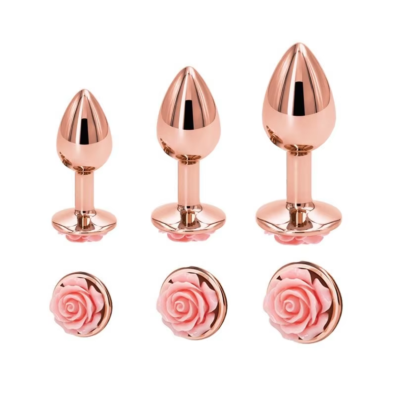 Rose Gold 3-Piece Anal Plug Set β Rose Jeweled Base in hard box
