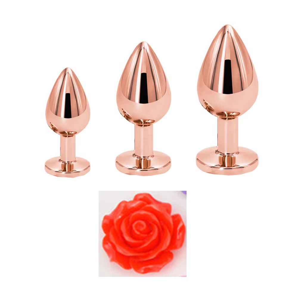 Rose Gold 3-Piece Anal Plug Set β Rose Jeweled Base in hard box