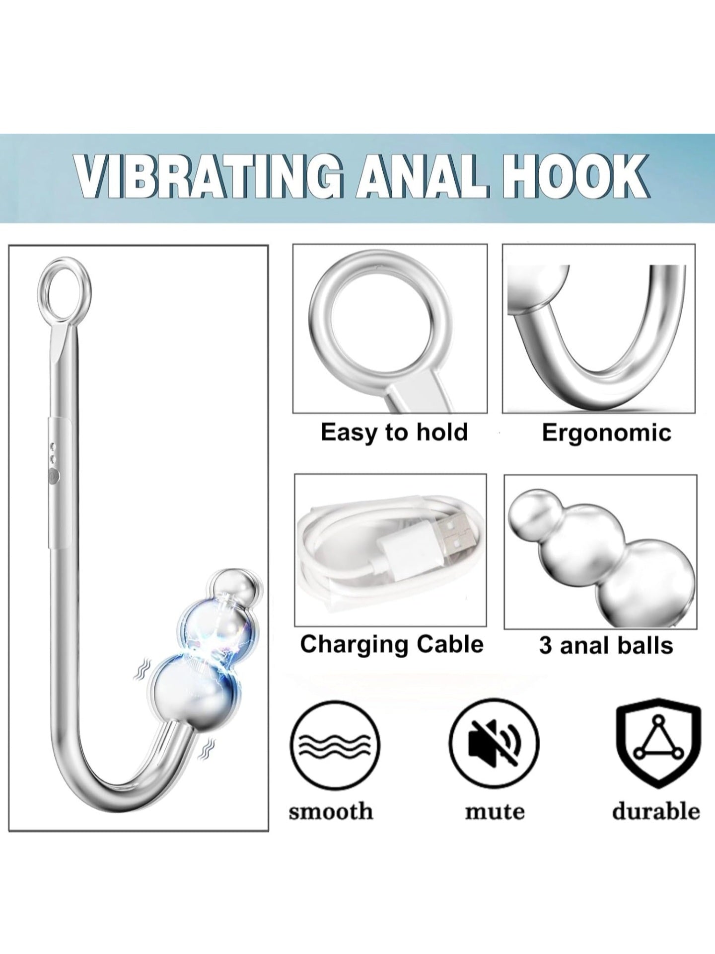 Vibrating Anal Hook Anal Plug, 3 Balls Anal Vibrator Anal Trainer Butt Plug with 9 Vibration Modes, Metal Anal Dilator Vagina Hook G Spot Stimulator SM Sex Toys for Beginners Gay Women Couples