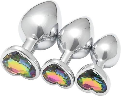 3Pcs Set Luxury Metal Butt Toys Heart Shaped Anal Trainer Jewel Butt Plug Kit S&M for Beginners Couples Large/Medium/Small. Experience the pleasure of fullness and anal stimulation.