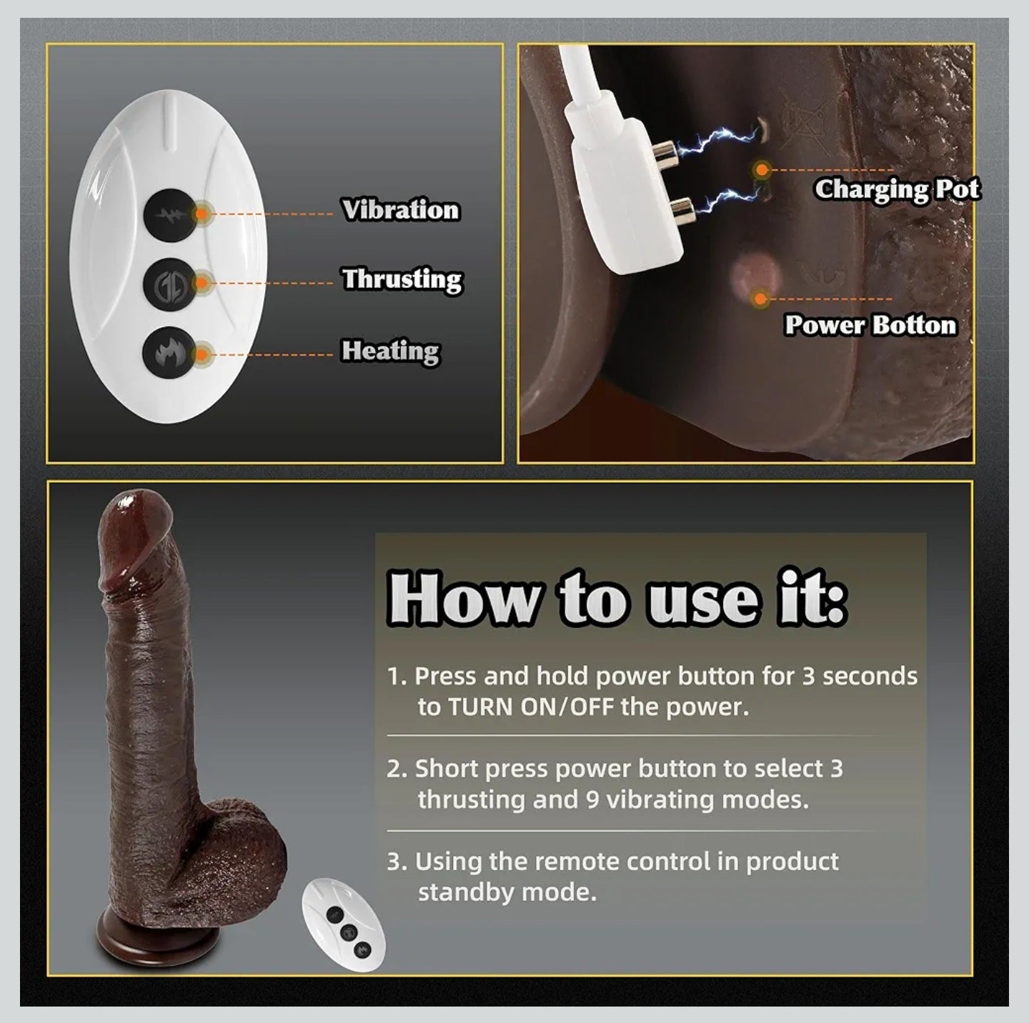 Fast Thrusting Black Dildo Vibrator with 3 Thrusting Speeds & 9 Vibrations, Realistic Silicone Dildos for G-spot Anal Stimulation, Heated Dildo with Strong Suction Cup Adult Sex Toys for Women and Men