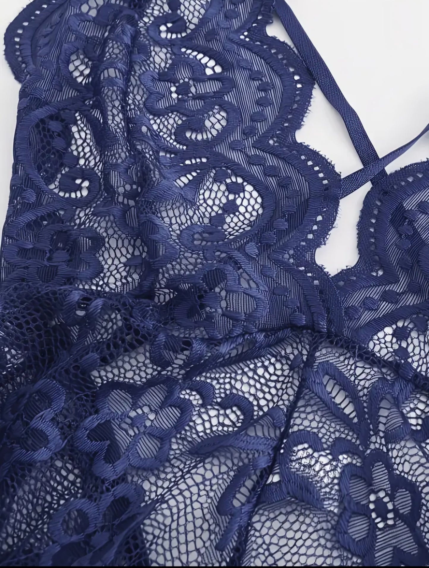 Navy Midnight Lace Seduction Jumpsuit – Backless Hollow-Out Teddy with Scalloped Trim. Size S.