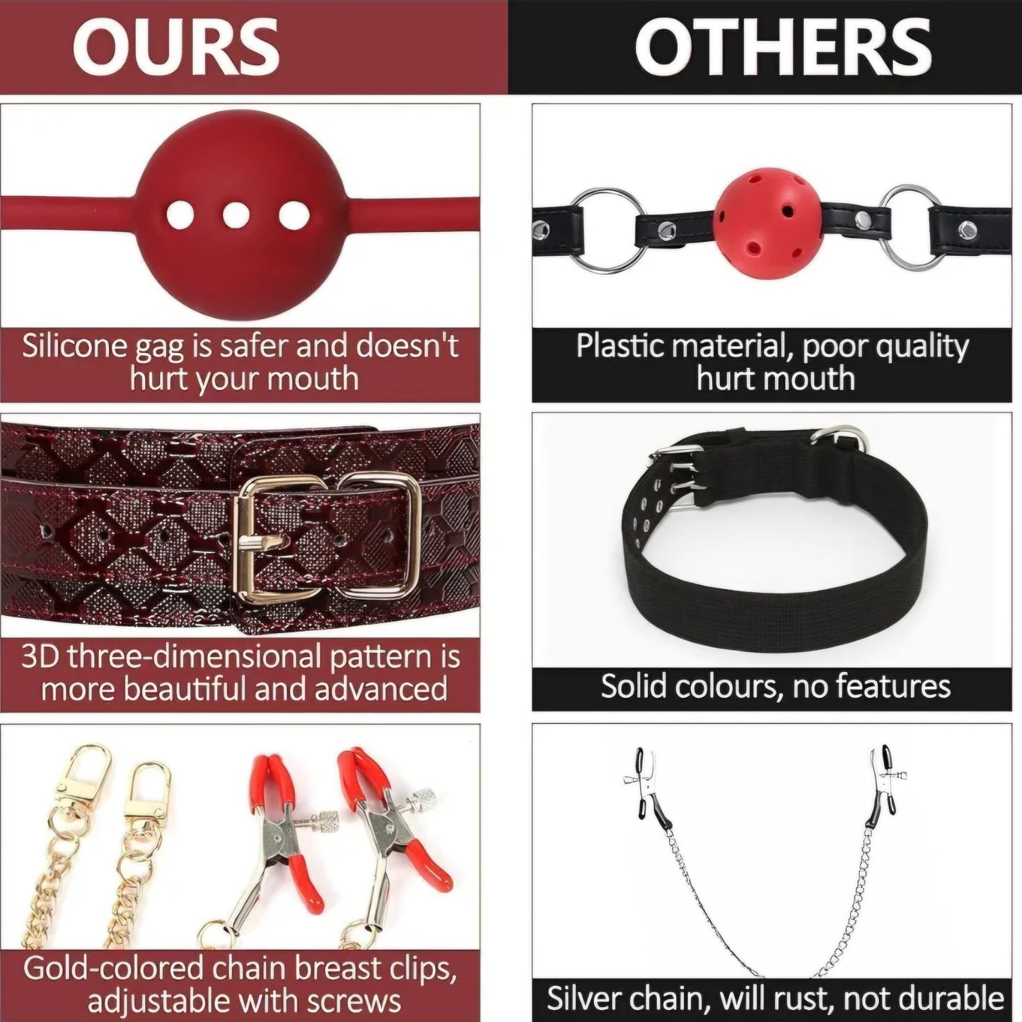BDSM Kit Sex Bondage Restraints, 5Pcs Bondage Set Couple Sex Toys with Adjustable Red Leather Ankle Thigh Sex Cuffs & Handcuffs, BDSM Sex Restraints Adult Toy AMA