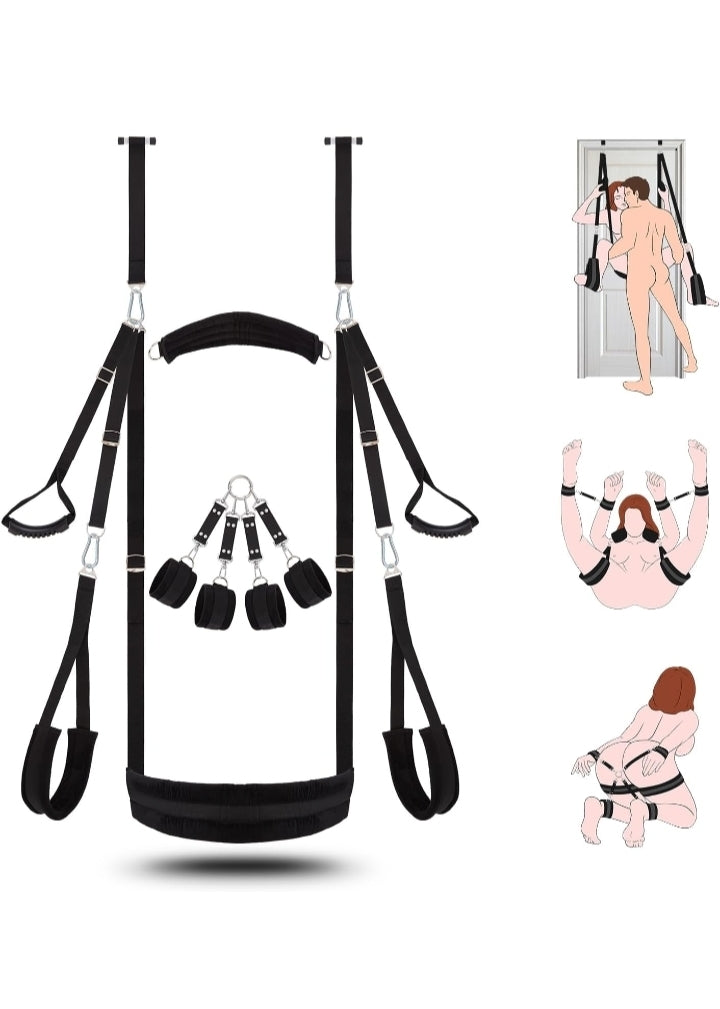 Sex Swing BDSM Bondage Restraints Kit-UTIMI 2 in 1 Door Swing & Sex Restraints Wrist & Thigh Ankle Restraint Cuffs Neck to Leg Sex Toy w/Handcuffs & Leg Straps Adult Sex Toys Couples,Black Sm Sets