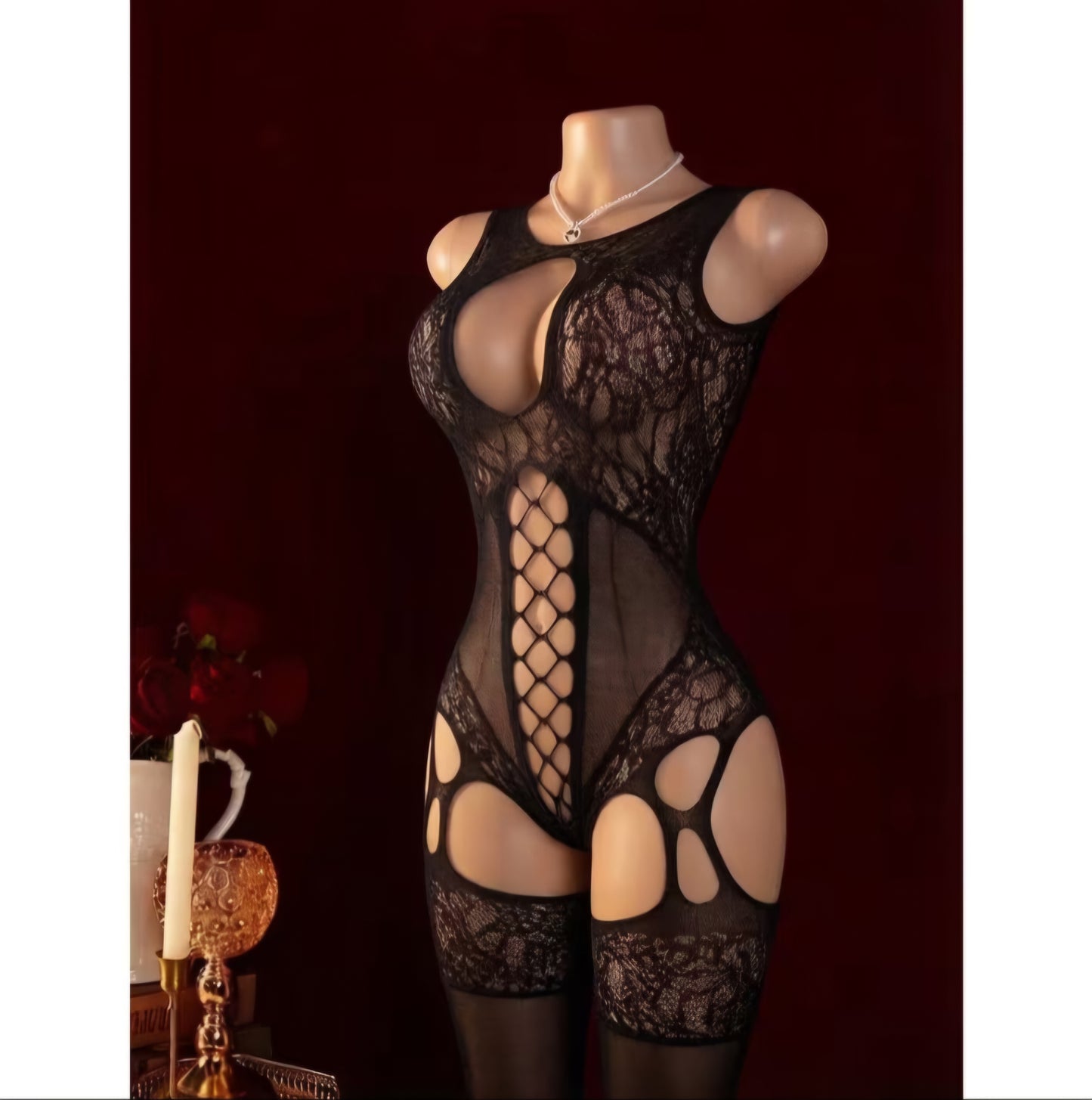 Sexy Cut Out Mesh Bodystocking for Women β Floral Fishnet One-Piece Lingerie Teddy- One Size