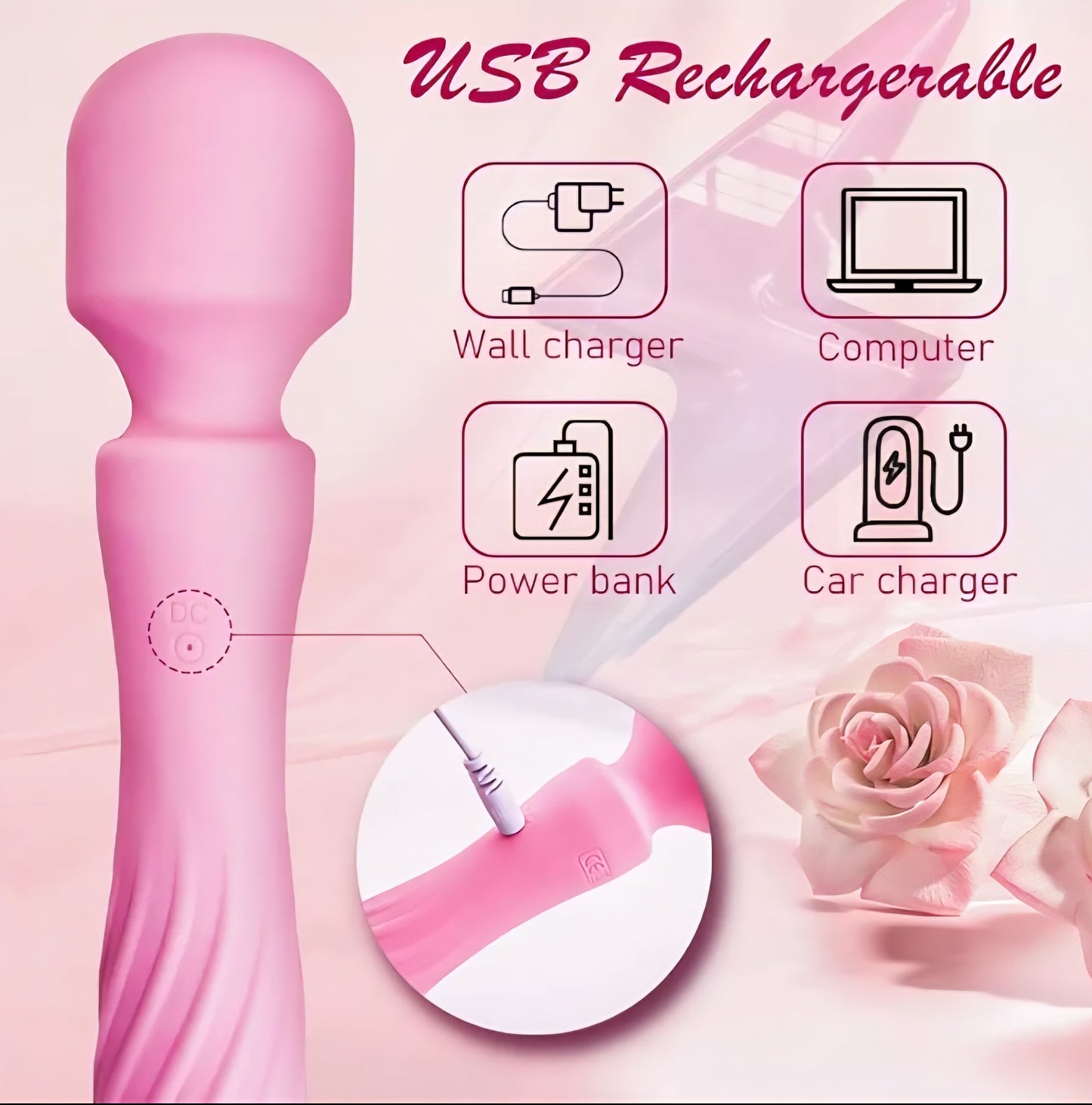 Wand Massager with Double End, Personal Massager, Cordless, Electric Vibrating Wand, Waterproof (Pink)