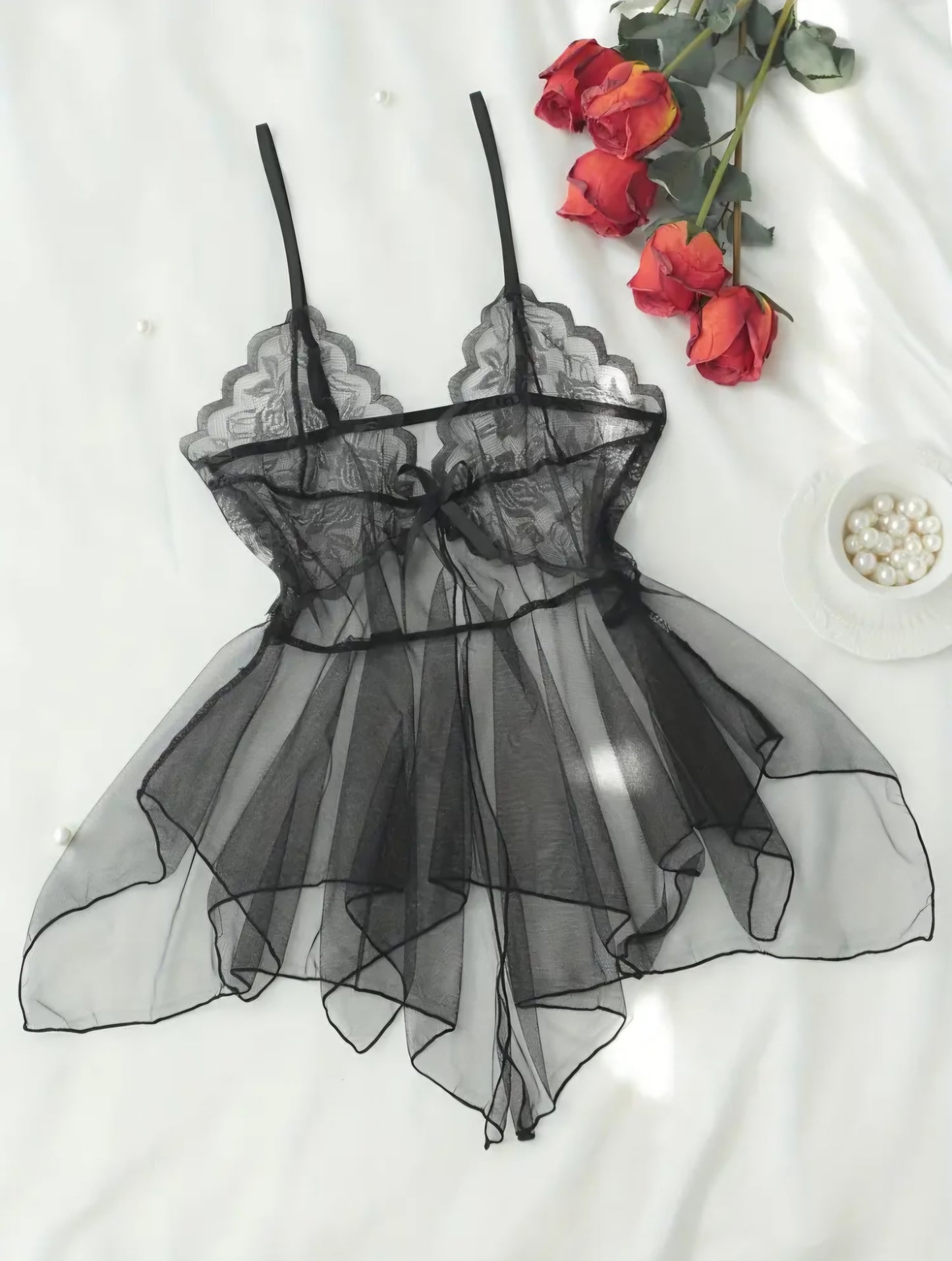 Midnight Bloom Sheer Lace Babydoll – Tiered Mesh Camisole Nightgown with Matching Thong. Size L.