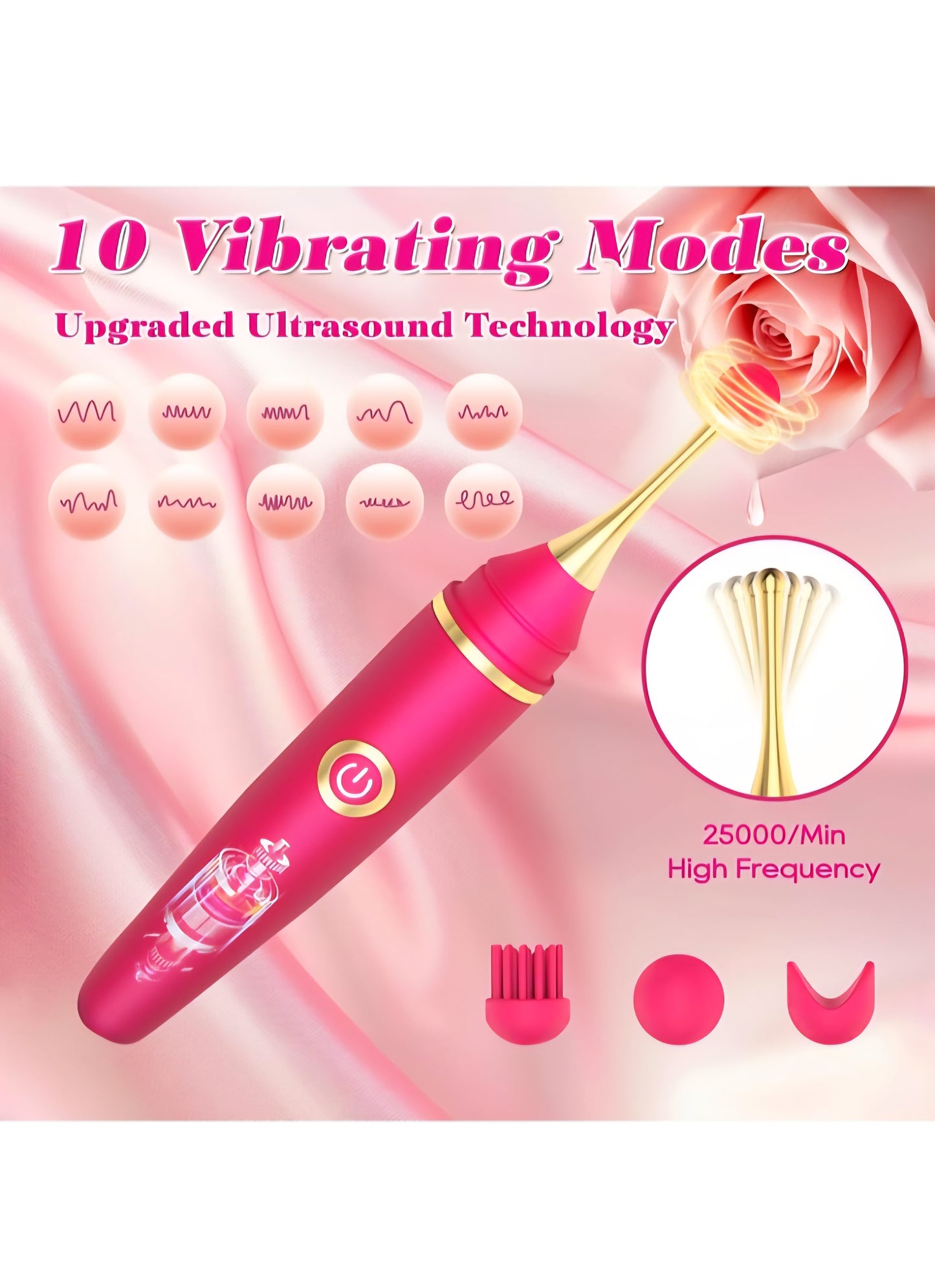 Vibrator Wand Female Adult Sex Toys for Women, 4 in 1 Squirting Vibrator with 10 Modes Pinpoint Clitoral G-Spot Dildo Nipple Stimulator High Frequency Mini Bullet Vibrators 3 Silicone Head