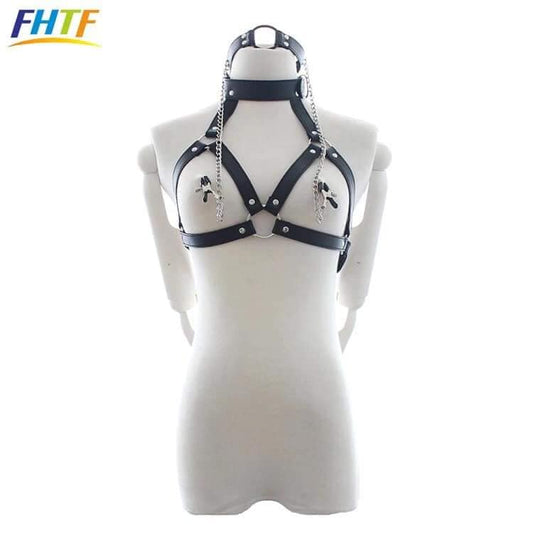 Fetish Body Bondage Restraint Harness with Mouth Gag Ring, Nipple Clamps, SM Adult Sex Game Toy for Couples.