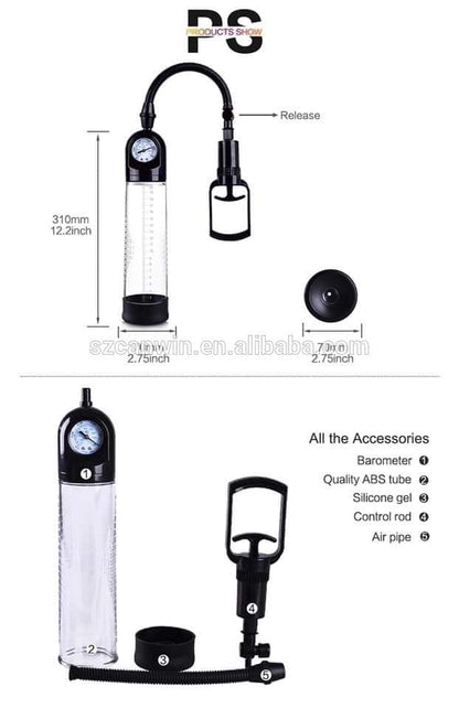 12 Inch Ball Type and Pull Handle Penis Pumps with Gauge, Durable, Waterproof Enhancement System.