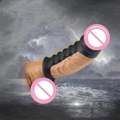 Black silicone cock enlargement/extender condom cock/penis ring system for men