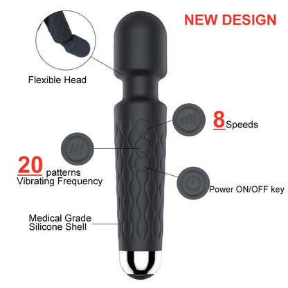 Magic Wand Massager, USB Rechargeable, 8 Powerful Speeds & 20 Pulsating Patterns for Intense Pleasure and Arousal.