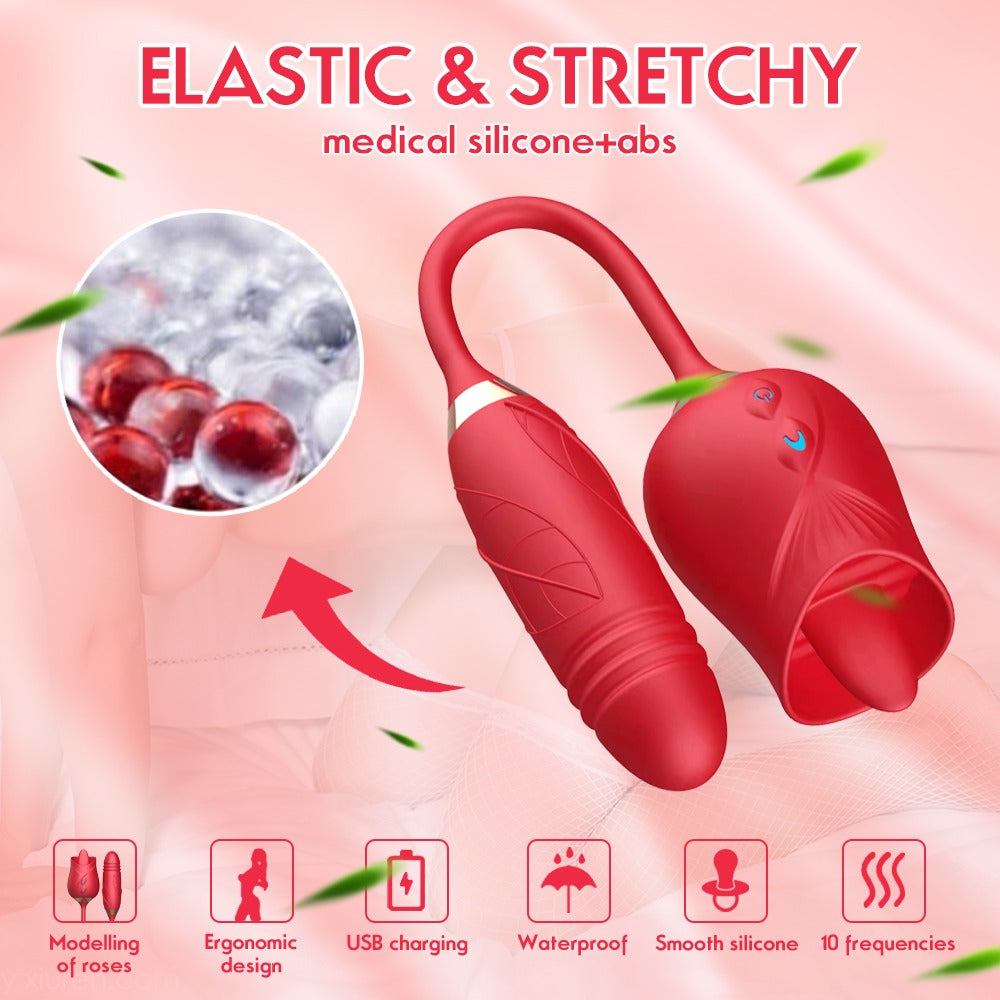 Rose Bilullet Vibrator Sex Toys for Women, Rose Adult Toys with G Spot Vibrators Nipple Clit Anal Rose Sex Toy - 9 Modes, Hands-Free Thrusting Dildos, Soft Tongue Licking, Couples Female Adult Sex Toys Games