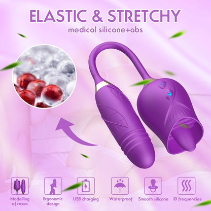 Rose Bilullet Vibrator Sex Toys for Women, Rose Adult Toys with G Spot Vibrators Nipple Clit Anal Rose Sex Toy - 9 Modes, Hands-Free Thrusting Dildos, Soft Tongue Licking, Couples Female Adult Sex Toys Games