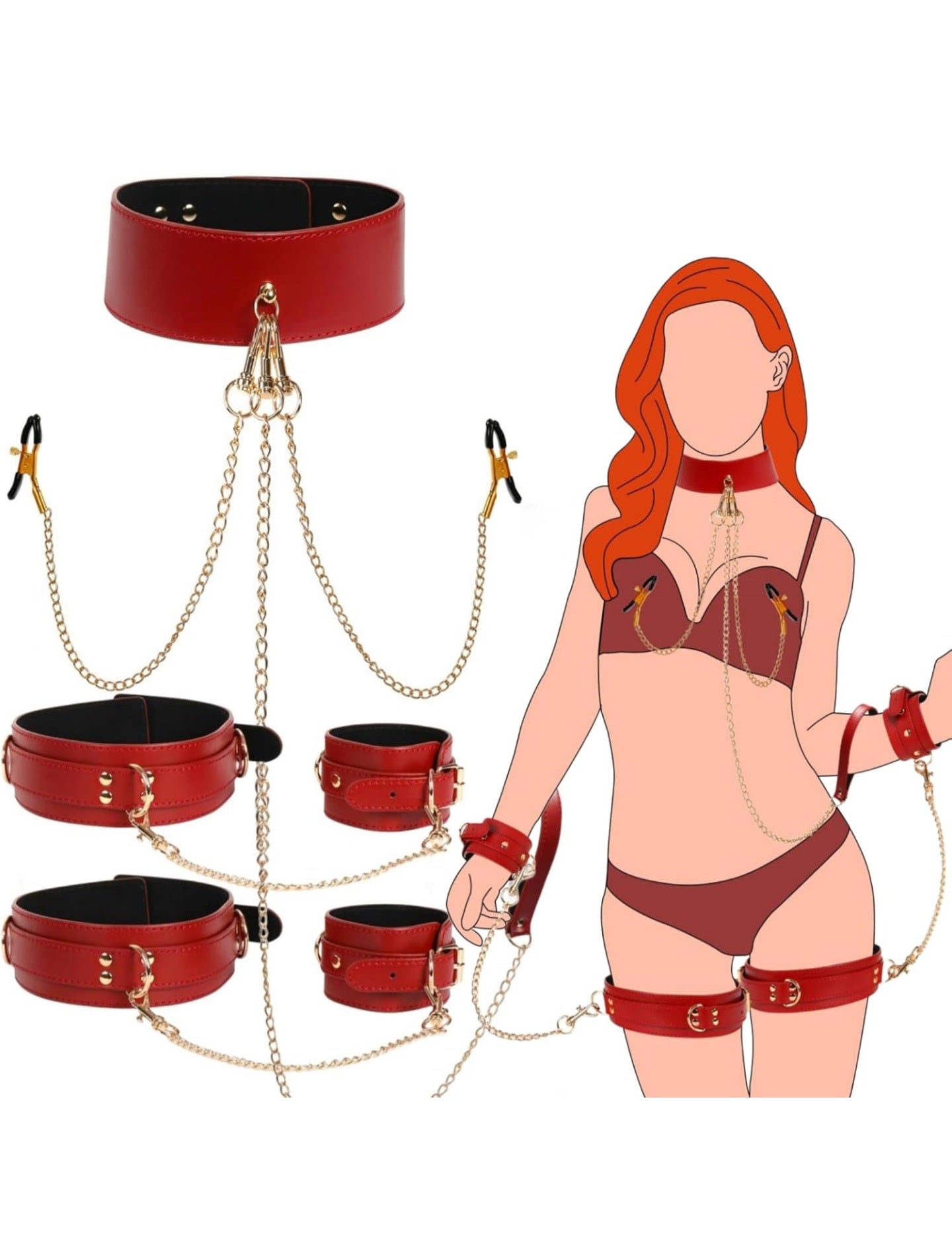 Sex Bondage Wrist & Calf/Thigh Cuffs Set with SM Nipple Clamps Neck Collar,with Traction Chain,with Metal Chain,Sex Bondage Restraints Set,Adjustable,Removable Multiple Uses SM Game(Red,Leather)