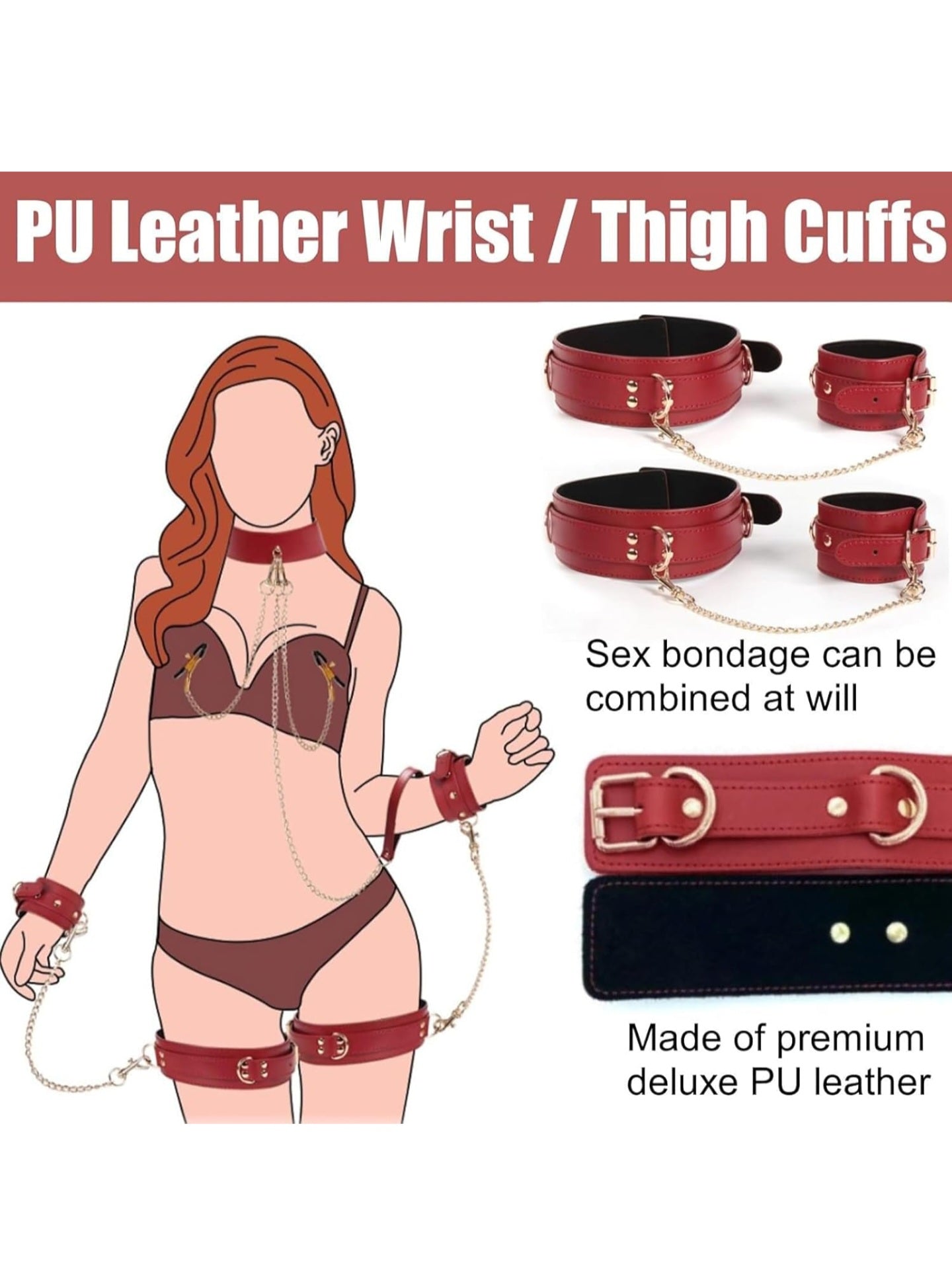 Sex Bondage Wrist & Calf/Thigh Cuffs Set with SM Nipple Clamps Neck Collar,with Traction Chain,with Metal Chain,Sex Bondage Restraints Set,Adjustable,Removable Multiple Uses SM Game(Red,Leather)