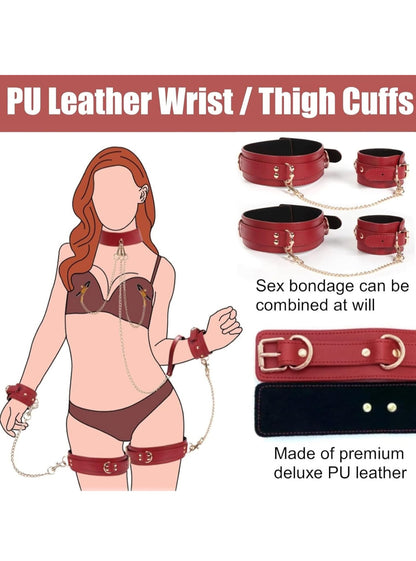 Sex Bondage Wrist & Calf/Thigh Cuffs Set with SM Nipple Clamps Neck Collar,with Traction Chain,with Metal Chain,Sex Bondage Restraints Set,Adjustable,Removable Multiple Uses SM Game(Red,Leather)