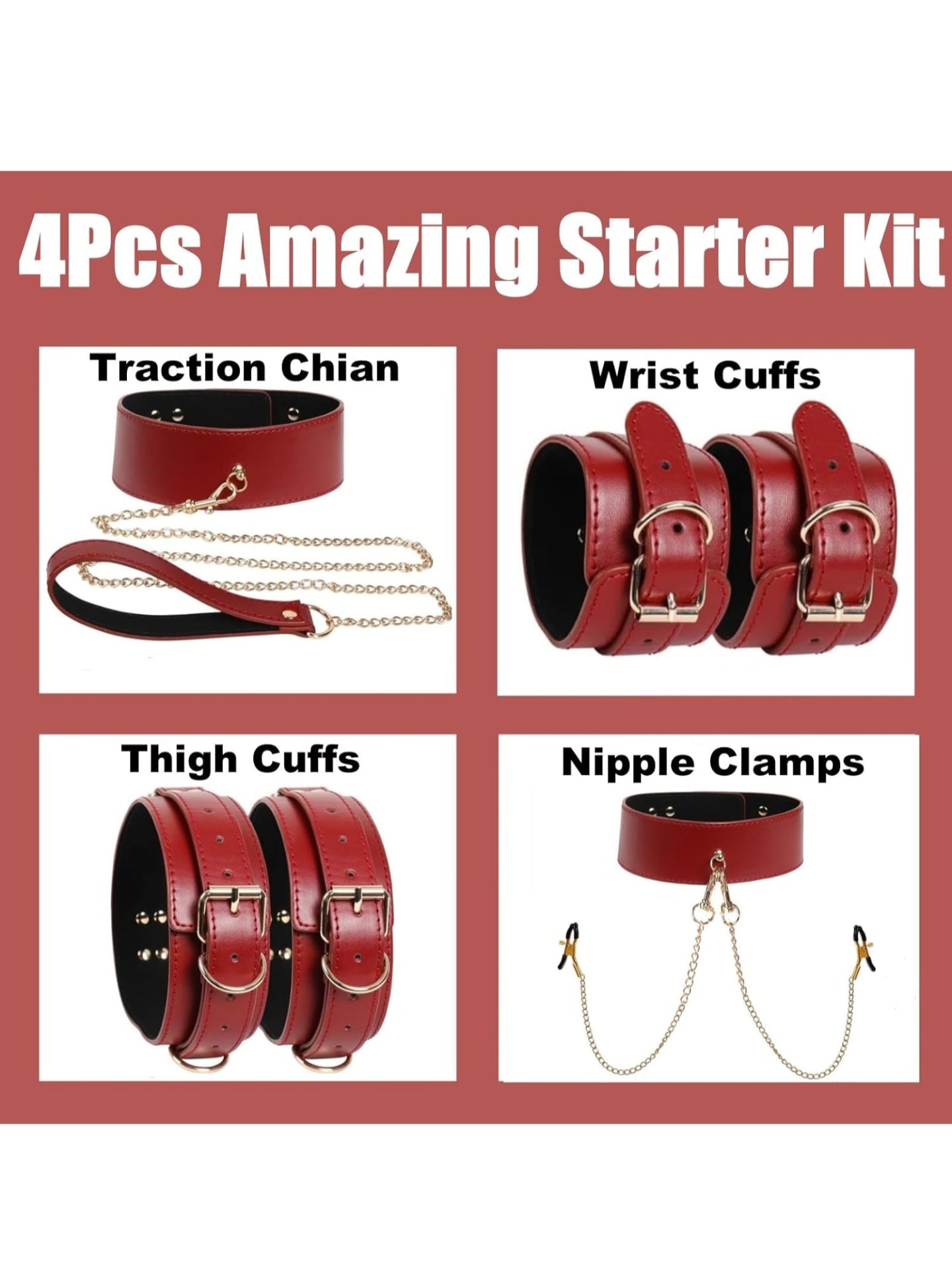 Sex Bondage Wrist & Calf/Thigh Cuffs Set with SM Nipple Clamps Neck Collar,with Traction Chain,with Metal Chain,Sex Bondage Restraints Set,Adjustable,Removable Multiple Uses SM Game(Red,Leather)