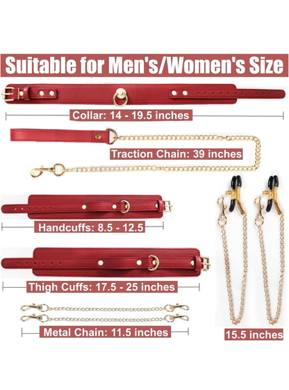 Sex Bondage Wrist & Calf/Thigh Cuffs Set with SM Nipple Clamps Neck Collar,with Traction Chain,with Metal Chain,Sex Bondage Restraints Set,Adjustable,Removable Multiple Uses SM Game(Red,Leather)