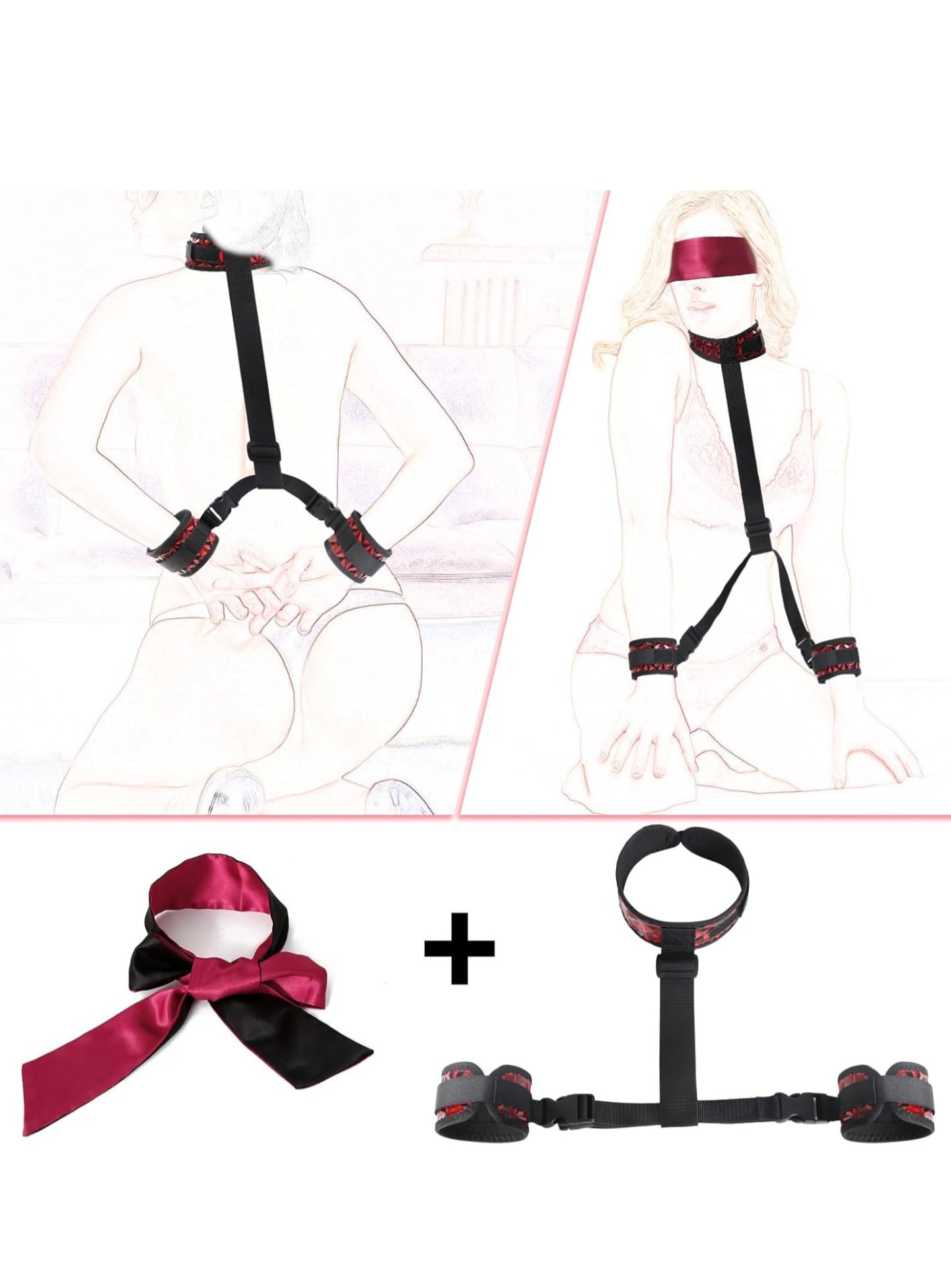 Bondage Restraints BDSM Sex Toys for Couples Neck to Wrist Kits, Gear & Accessories Handcuffs Collar with Blindfold for Beginner, Adjustable SM Games Play Sex Rope for Love