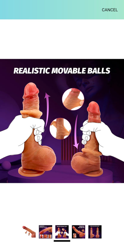 8.7” Realistic Sliding Foreskin Dildo G-spot Dildo with Movable Testicles Adult Sex Toys for Beginner Advanced Player, Silicone Lifelike Penis with Strong Suction Cup for Women Men Hands-Free Play