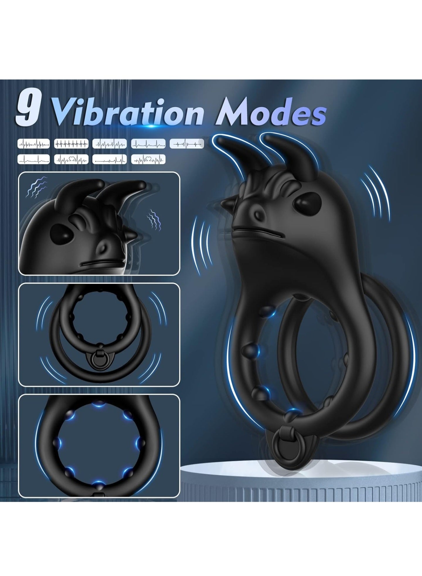 Vibrating Cock Ring, Double Penis Ring Vibrator with Bull Design & 10 Vibration Modes, Rechargeable Adult Male Sex Toys for Men Longer Harder Stronger