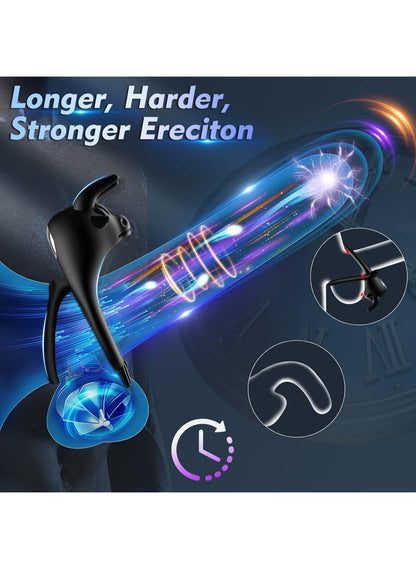 Vibrating Cock Ring, Double Penis Ring Vibrator with Bull Design & 10 Vibration Modes, Rechargeable Adult Male Sex Toys for Men Longer Harder Stronger