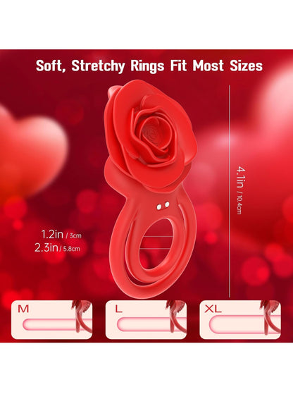 Rose Vibrating Cock Ring with Tongue Tickler for Couples Sex Pleasure, Vibrating Penis Ring 10 Strong Vibration Double Ring Erection Vibrator Ring Adult Sex Toys for Men Women