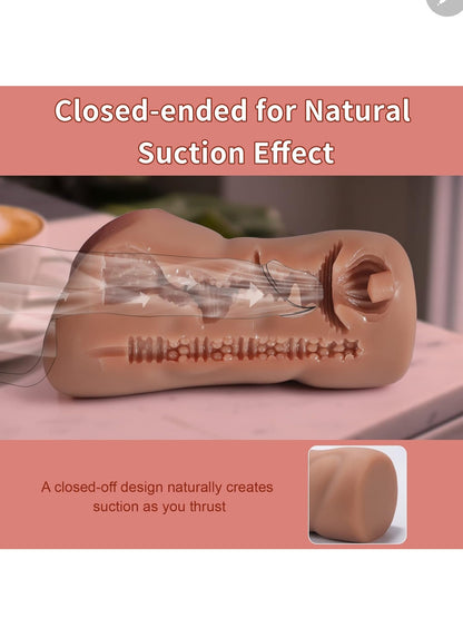 REALISTIC VAGINA & ASS: Resembling the softest skin, this 2 in 1masturbator feels lifelike to the touch and is adorned with super realistic detailing including lovely lips and a petite penetrable ass.
2 SEPARATED CHANNELS:Two closed-ended sleeve features