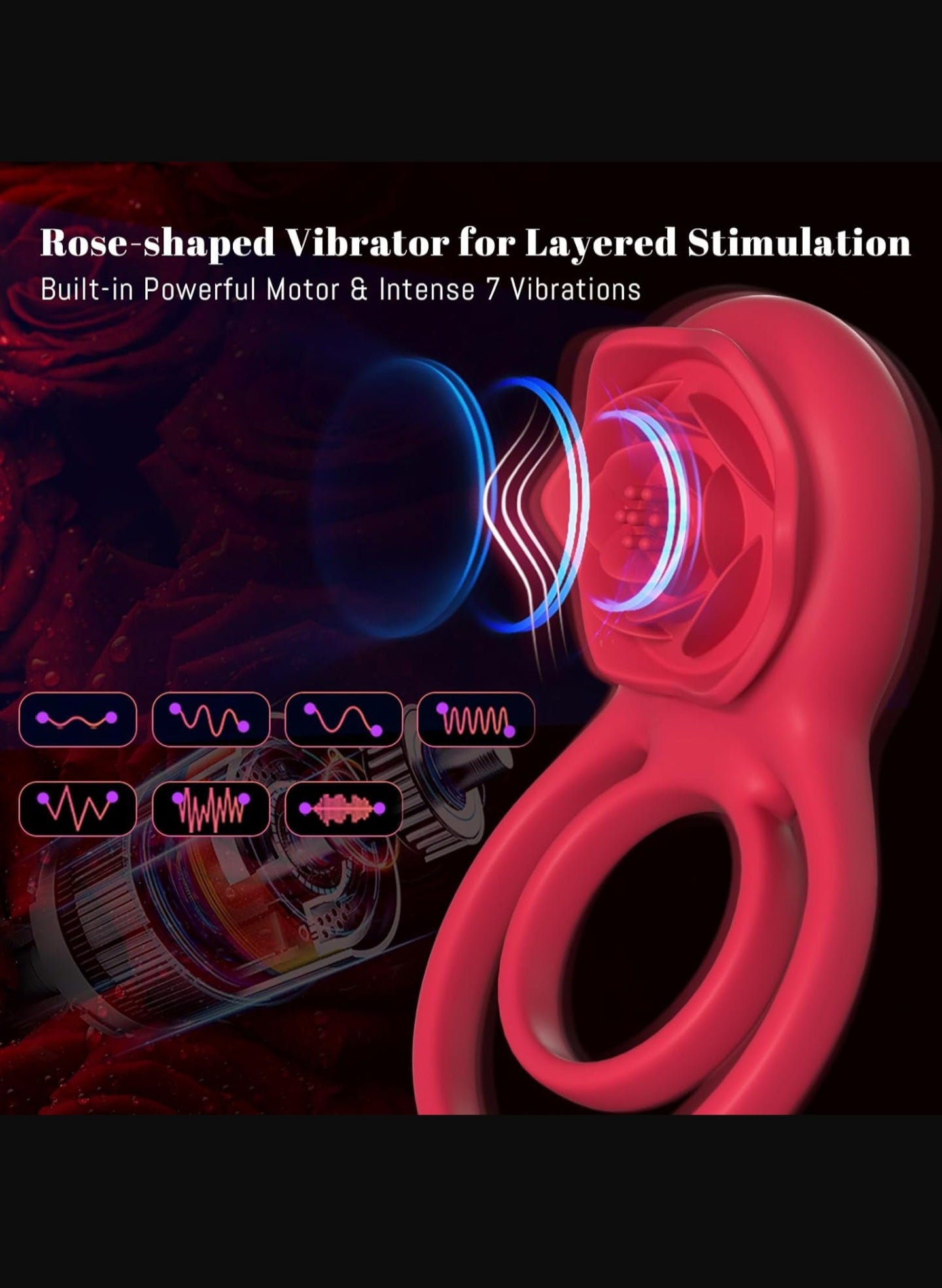 Vibrating Cock Ring with Rose Clitoral Stimulator, Pleasure Penis Ring Vibrator Couples Adult Sex Toys for Men Women, 7 Vibrations Male Couple Sex Toy