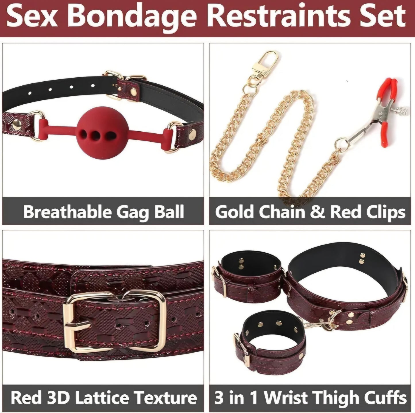 BDSM Kit Sex Bondage Restraints, 5Pcs Bondage Set Couple Sex Toys with Adjustable Red Leather Ankle Thigh Sex Cuffs & Handcuffs, BDSM Sex Restraints Adult Toy AMA