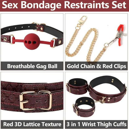 BDSM Kit Sex Bondage Restraints, 5Pcs Bondage Set Couple Sex Toys with Adjustable Red Leather Ankle Thigh Sex Cuffs & Handcuffs, BDSM Sex Restraints Adult Toy AMA