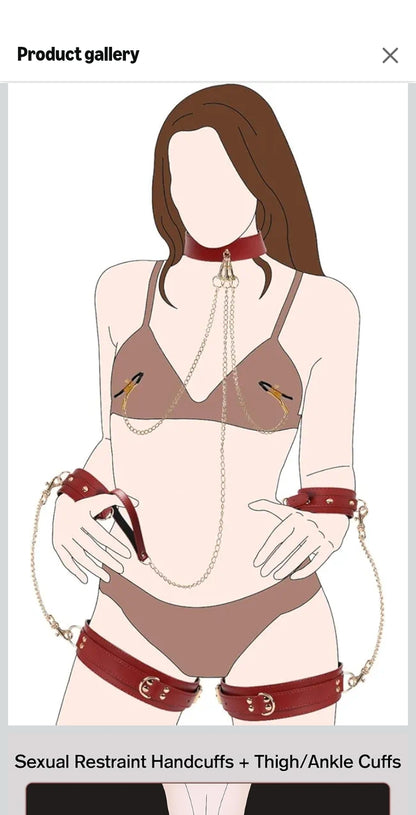 BDSM Sex Bondage Restraint Kit – Adjustable Leather Handcuffs, Thigh Cuffs, Collar with Nipple Clamps & Chains – Comfortable SM Gear Gifts for Women Couples Beginners