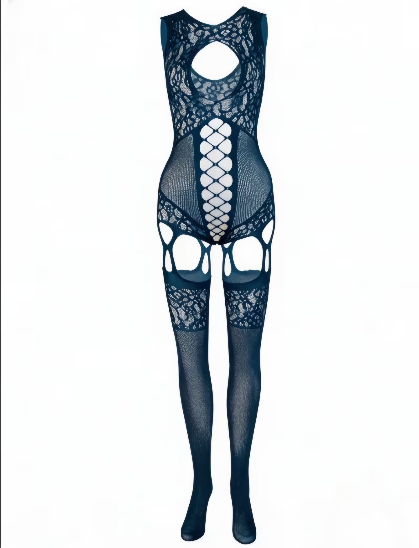 Navy Blue Lace Jacquard Bodysuit – Reversible Fishnet Lingerie with Keyhole Cutouts- Size XL