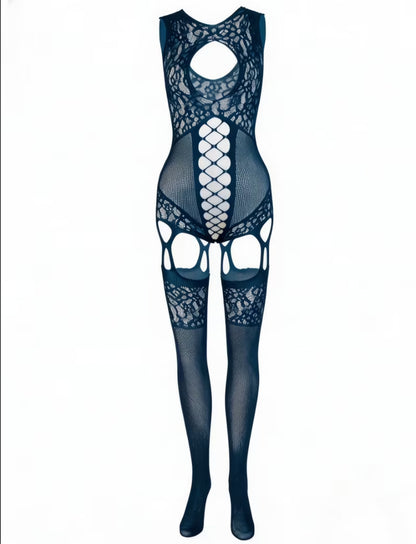 Navy Blue Lace Jacquard Bodysuit – Reversible Fishnet Lingerie with Keyhole Cutouts- Size XL