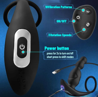 Anal Sex Toys for Men, Anal Vibrator Prostate Massager with Cock Ring, Vibrating Anus Butt Plug with 3 Rotating & 10 Vibrating Modes, Anal Beads for Gay Couples Adult Sex Toys for Man