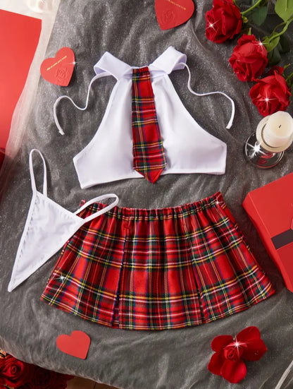 Playful Schoolgirl Lingerie Set – 4-Piece Plaid Role-Play Uniform with Halter Top & Necktie.  Size M.
