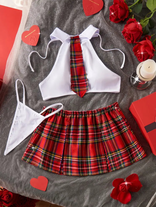 Playful Schoolgirl Lingerie Set – 4-Piece Plaid Role-Play Uniform with Halter Top & Necktie.  Size M.