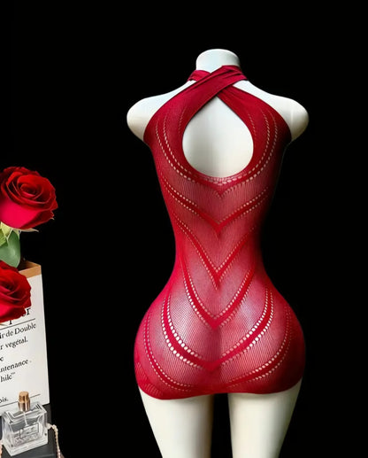 Crimson Sheer Fishnet Halter Mini Dress – Geometric Mesh Babydoll for Themed Parties & Performance Lingerie (One Size)