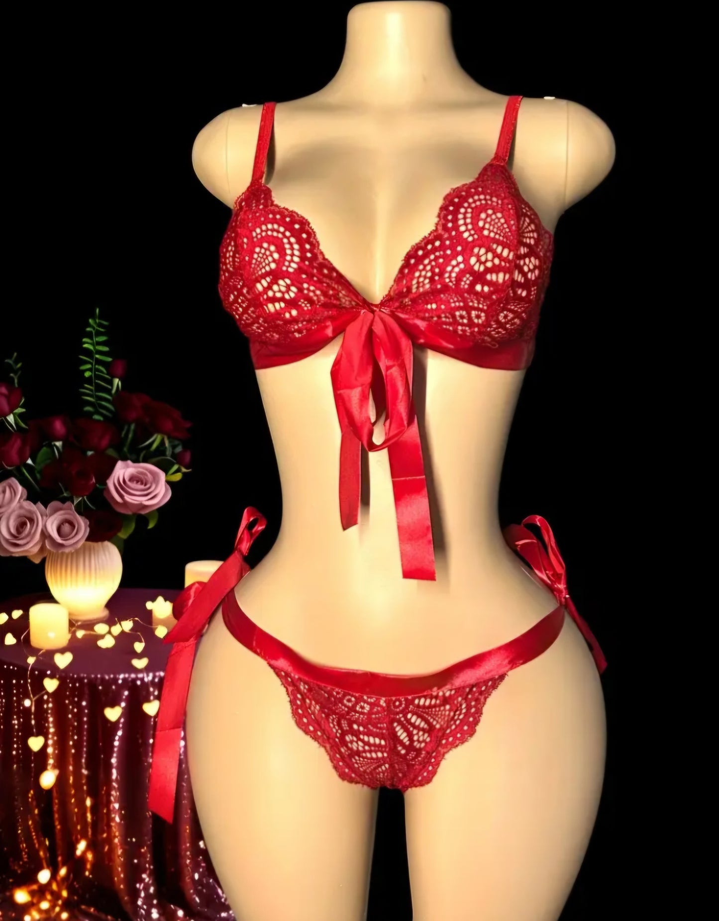 Radiant Romance Lace Lingerie Set – Bold Red Open-Crotch Bra & Panty Set with Satin Bow Accents, Size L.
