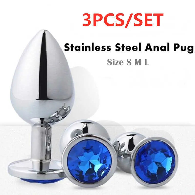 3-Piece Stainless Steel Jewel Butt Plug Set (Small, Medium, Large)