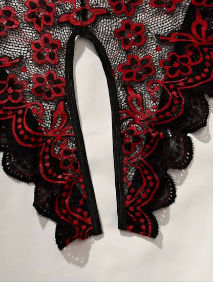 Halter Neck Lace Contrast Crotchless Lingerie (Red)