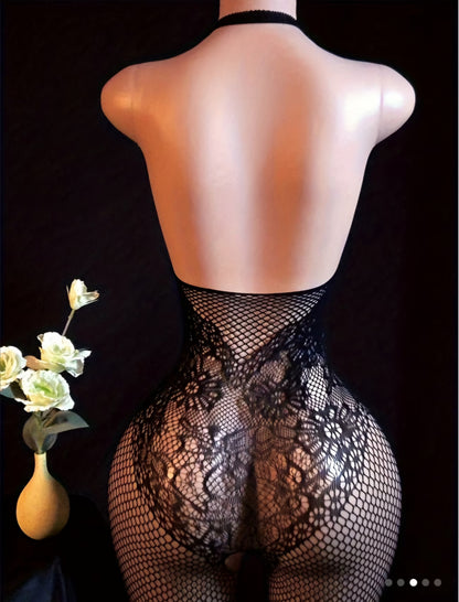 Midnight Bloom Off-Shoulder Bodysuit Set – High-Elasticity Floral Lace Jumpsuit with Matching Fishnet Stockings. One Size