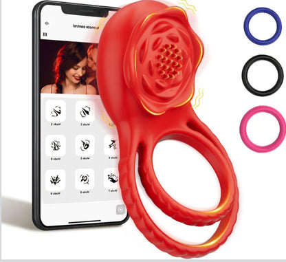 Vibrating Cock Ring Penis Sleeve with Rose Sex Toys, APP Control Penis Ring Vibrator Couples Adult Sex Toys for Men Women, 9 Vibrations Clitoris Vibrator AMA