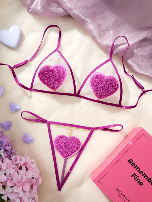 Deep Purple Heart-Appliqué Lingerie Set – Sheer Mesh Bralette & Chain-Linked Thong. Size L