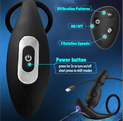 Anal Sex Toys for Men, Anal Vibrator Prostate Massager with Cock Ring, Vibrating Anus Butt Plug with 3 Rotating & 10 Vibrating Modes, Anal Beads for Gay Couples Adult Sex Toys for Man